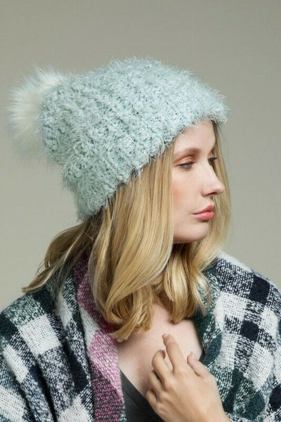 Light Blue Eyelash Knit Beanie Foldover Band Faux Fur Pom Pom Womens Winter Hat
