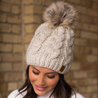 Tan Cable Knit Faux Fur Pompom Beanie Fleece Lined Women's Winter Hat
