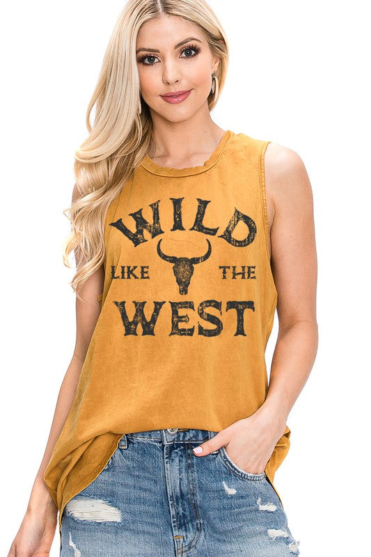 Mustard Yellow Wild Like The West Graphic Sleeveless Relaxed Fit Tank Top Shirt