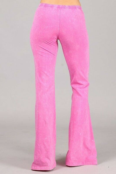 Bubble Gum Pink Boho Mineral Wash Flared Bell Bottom Stretch Pull On Pants Women