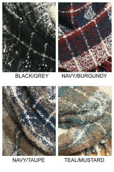 Navy & Taupe Soft Knit Plaid Infinity Tassel Fringe Womens Scarf