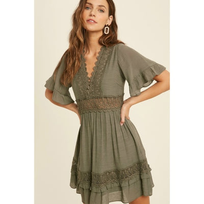 Dainty Olive Green Bohemian Crochet Lace Trim Ruffle Short Sleeve Mini Dress