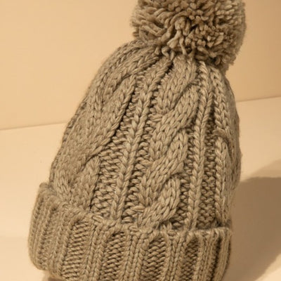 Taupe Solid Cable Knit Basic Pompom Beanie Women's Winter Hat