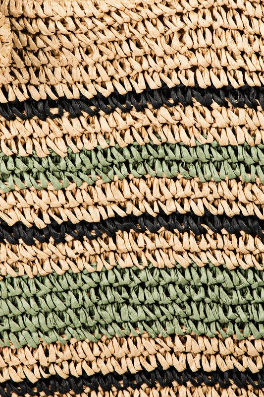 Khaki Green Striped Woven Straw Braided Summer Tote Bag