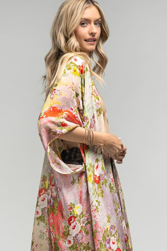 Whimsical Spring Colorful Floral Kimono Coverup Open Wrap Top Casual Women's