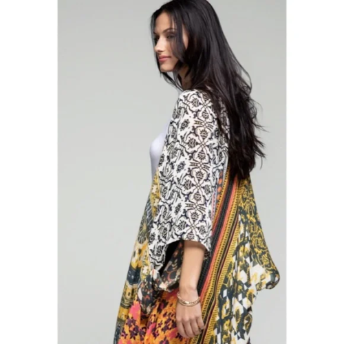 Floral Moroccan Tile Inspired Bohemian Colorful Kimono Wrap Coverup Top One Size
