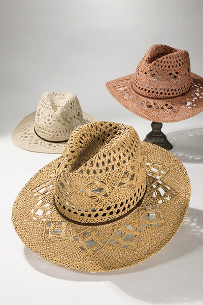 Natural Bohemian Handwoven Open Weave Faux Leather Banded Panama Summer Hat
