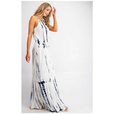 Boho White & Blue Tie Dye Summer Long Maxi Dress Casual Womens