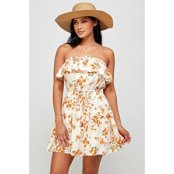 Cream Orange Floral Print Ruffle Trim Strapless Tube Casual Summer Mini Dress