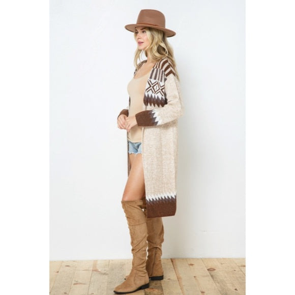 Taupe & Brown Aztec Tribal Western Boho Long Open Knit Cardigan Casual Sweater
