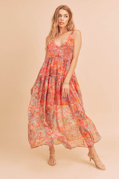 Violetta - Red Floral Tiered Sleeveless Maxi Dress