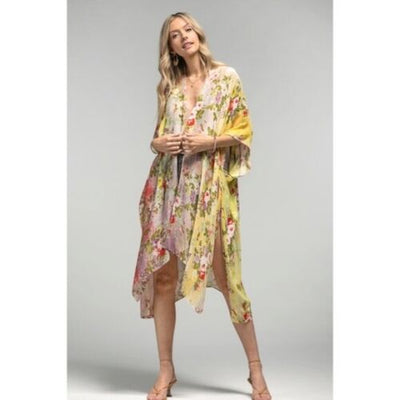 Whimsical Spring Colorful Floral Kimono Coverup Open Wrap Top Casual Women's