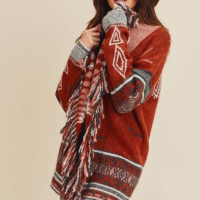 Cowichan Boho Aztec Native Fringe Print Soft Knit Cardigan Sweater Womens