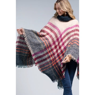 Kansas Soft Boucle Knit Yarn Dye Plaid Turtleneck Poncho Womens Winter One Size