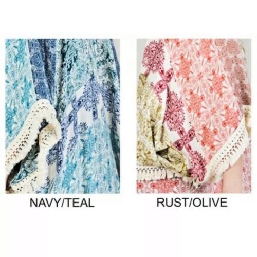 Rust Olive Tassel Boho Mandala Patchwork Kimono Open Wrap Cover Top Duster
