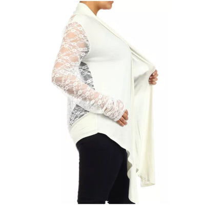 Plus Cardigan Lace Long Sleeve Open Front Asymmetrical Wrap Floral Casual Women