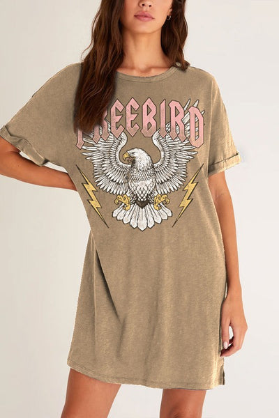 Freebird Eagle Graphic Taupe Mineral T-Shirt Tee Shirt Mini Relaxed Fit Dress