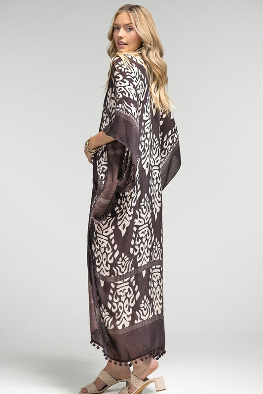 Charcoal Damask Print Pompom Accent Boho Kimono Womens One Size