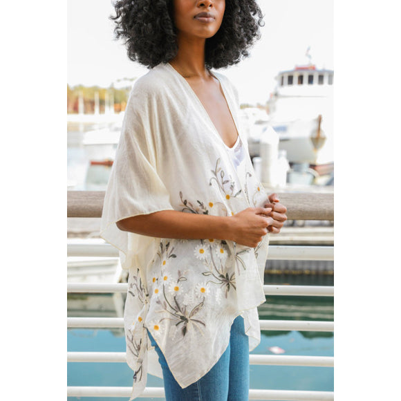 Ivory Daisy Embroidered Woven Floral Kimono Open Wrap Coverup Top One Size