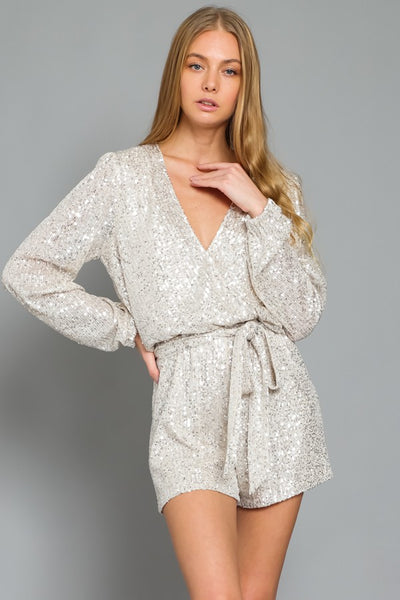 Silver Metallic Sparkling Sequin Long Sleeve Holiday Cocktail Party Romper