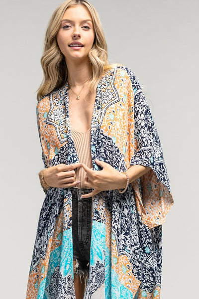Navy Multi Floral Damask & Paisley Printed Kimono Open Wrap Summer Coverup Top