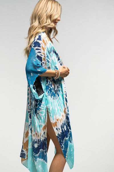 Blue Tie Dye Lightweight Summer Vacation Coverup Top Open Kimono Wrap One Size