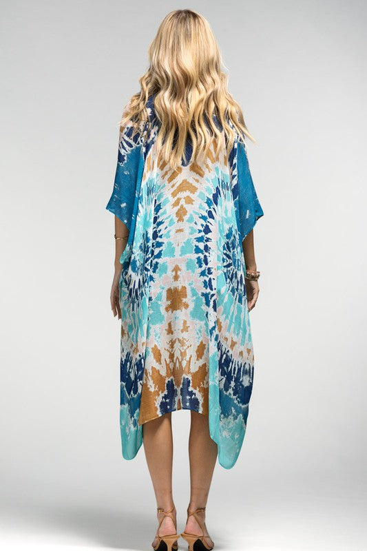 Blue Tie Dye Lightweight Summer Vacation Coverup Top Open Kimono Wrap One Size