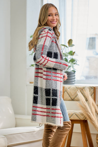 Red Ivory Fuzzy Eyelash Plaid Pattern Hooded Coatigan Cardigan Knit Sweater