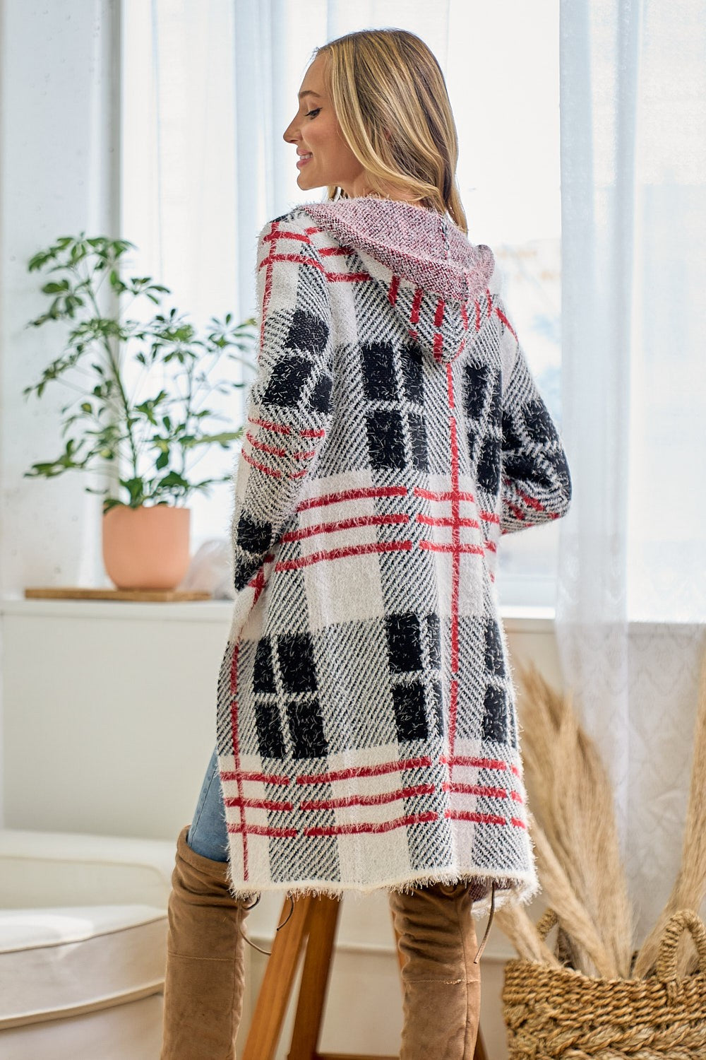 Red Ivory Fuzzy Eyelash Plaid Pattern Hooded Coatigan Cardigan Knit Sweater