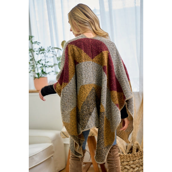 Wine Multi Color Knit Shawl Open Wrap Geo Block Cardigan Sweater One Size