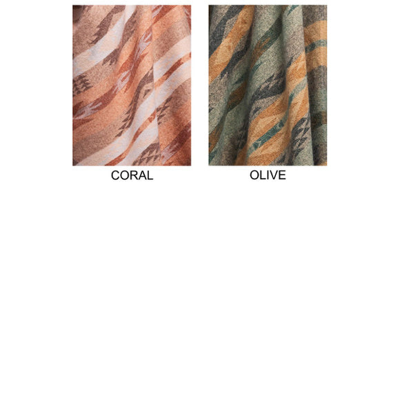 Coral Woven Aztec Pattern Ruana Open Poncho Knit Wrap w/ Fringe