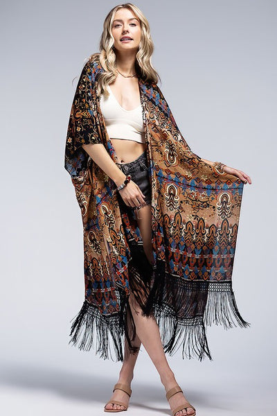 Annecy Fringe Ethnic Floral Bohemian Fringe Tassel Kimono Open Wrap Coverup Top