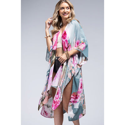Rose Floral Printed Monet Spring Summer Open Style Kimono Wrap Coverup Top
