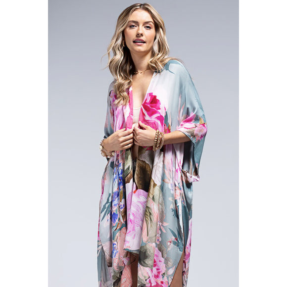Rose Floral Printed Monet Spring Summer Open Style Kimono Wrap Coverup Top