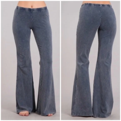 Blue Gray Boho Mineral Wash Flared Bell Bottom Stretch Pull On Pants Womens