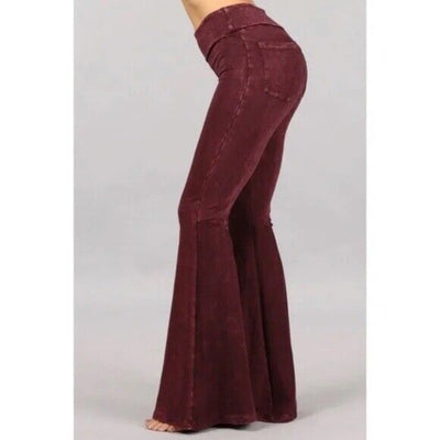 Burgundy Mineral Wash French Terry Flared Bell Bottom Pull On Pants w/ Pockets