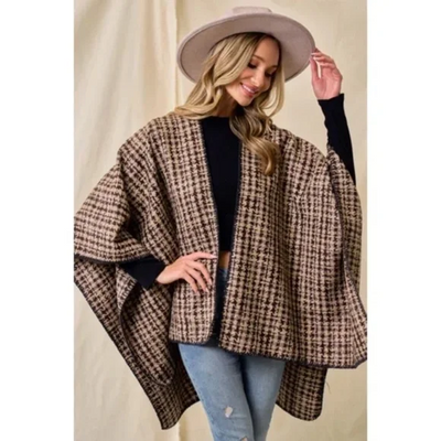 Mocha Brown Houndstooth Knit Shawl Open Poncho Wrap Casual Fall Winter One Size