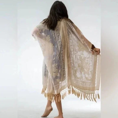 Nude Floral Velvet Burnout Tassel Kimono Open Wrap Coverup Top One Size