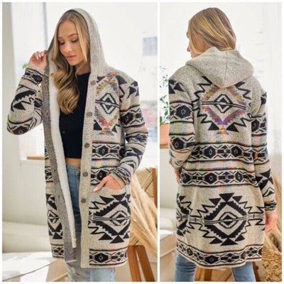 Oatmeal Rainbow Aztec Sherpa Lined Knit Button Hooded Cardigan Casual Sweater