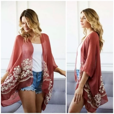 Rosewood Floral Embroidered Sheer Kimono Wrap Boho One Size Womens