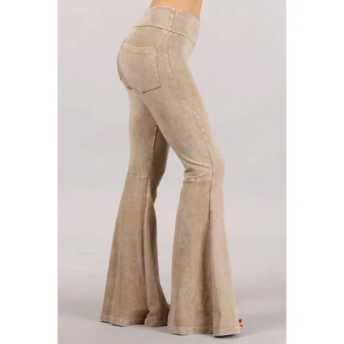 Beige Mineral Wash French Terry Flared Bell Bottom Pull On Pants w/ Pockets