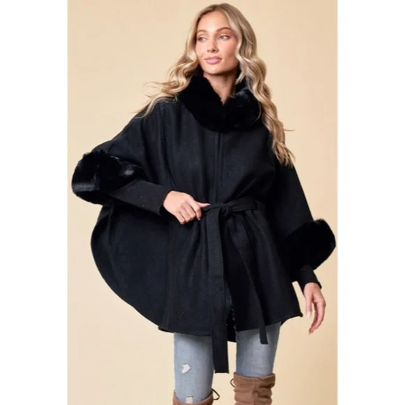 Black Solid Faux Fur Trimmed Soft Fuzzy Poncho Cape Coat Women's Fall Winter