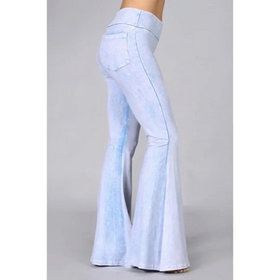 Powder Blue Mineral Wash French Terry Flared Bell Bottom Pull On Pants w/ Pockets
