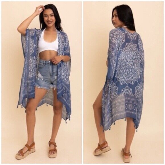 Navy Blue Mandala Printed Tassel Open Kimono Coverup Casual Wrap One Size