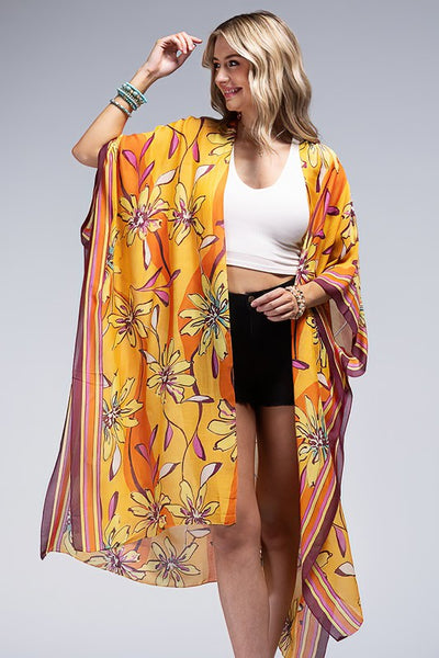 Sunrise Vibrant Floral Print & Stripe Border Open Kimono Wrap Coverup Top