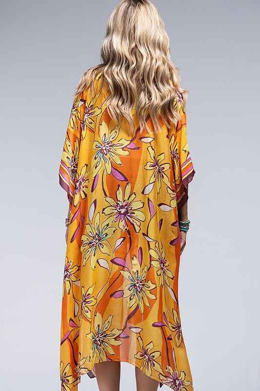 Sunrise Vibrant Floral Print & Stripe Border Open Kimono Wrap Coverup Top