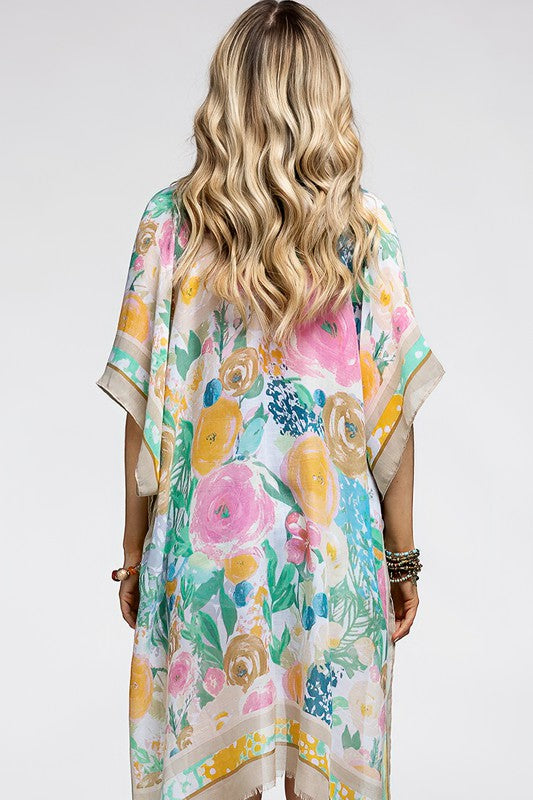 Beige Floral Print Contrast Border Spring Summer Kimono Open Wrap Coverup Top