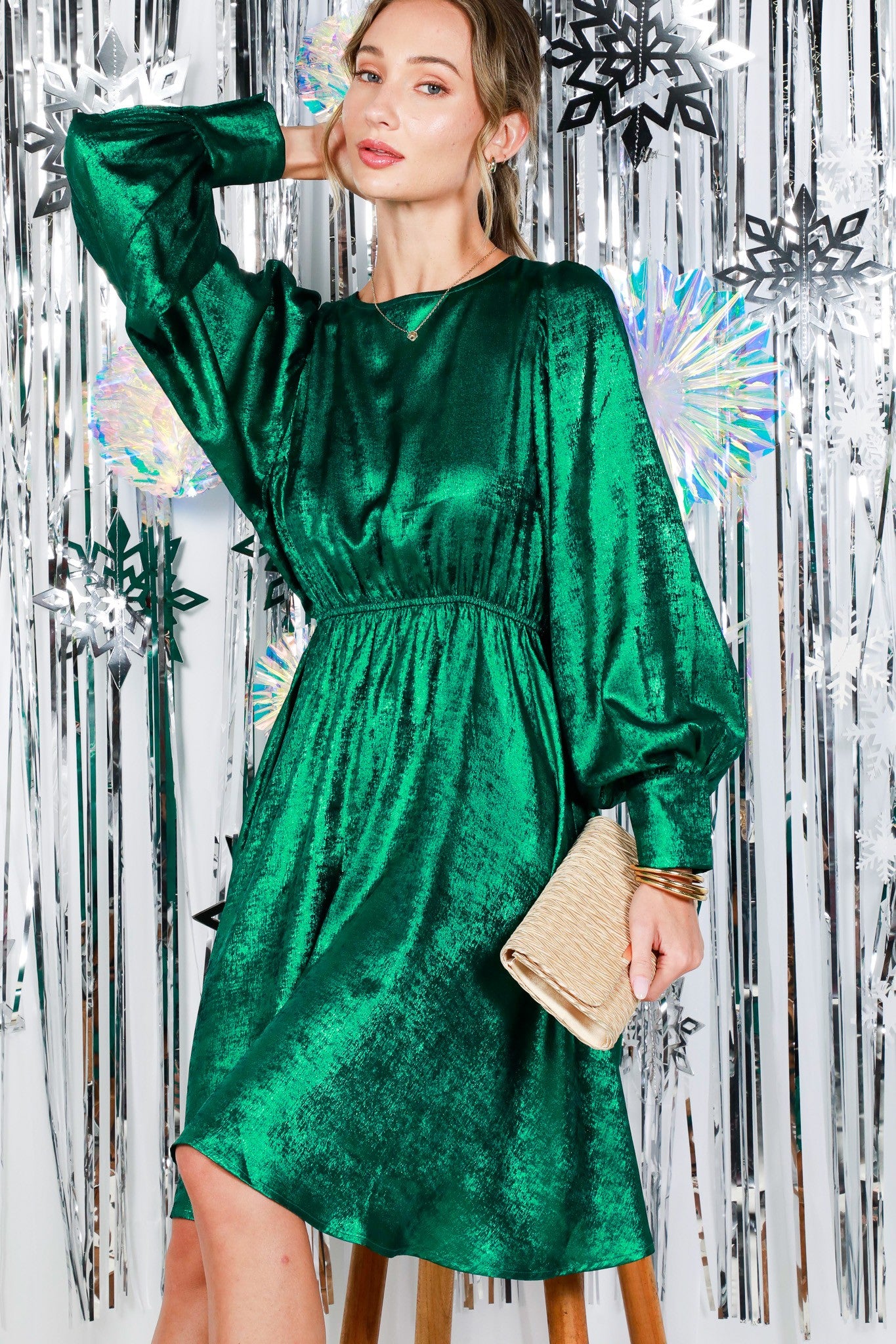 Hunter Green Metallic Holiday Puff Long Sleeve Foil Cocktail Party Mini Dress