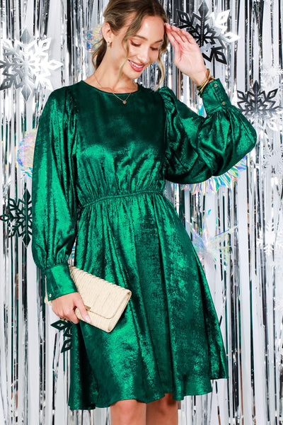 Hunter Green Metallic Holiday Puff Long Sleeve Foil Cocktail Party Mini Dress