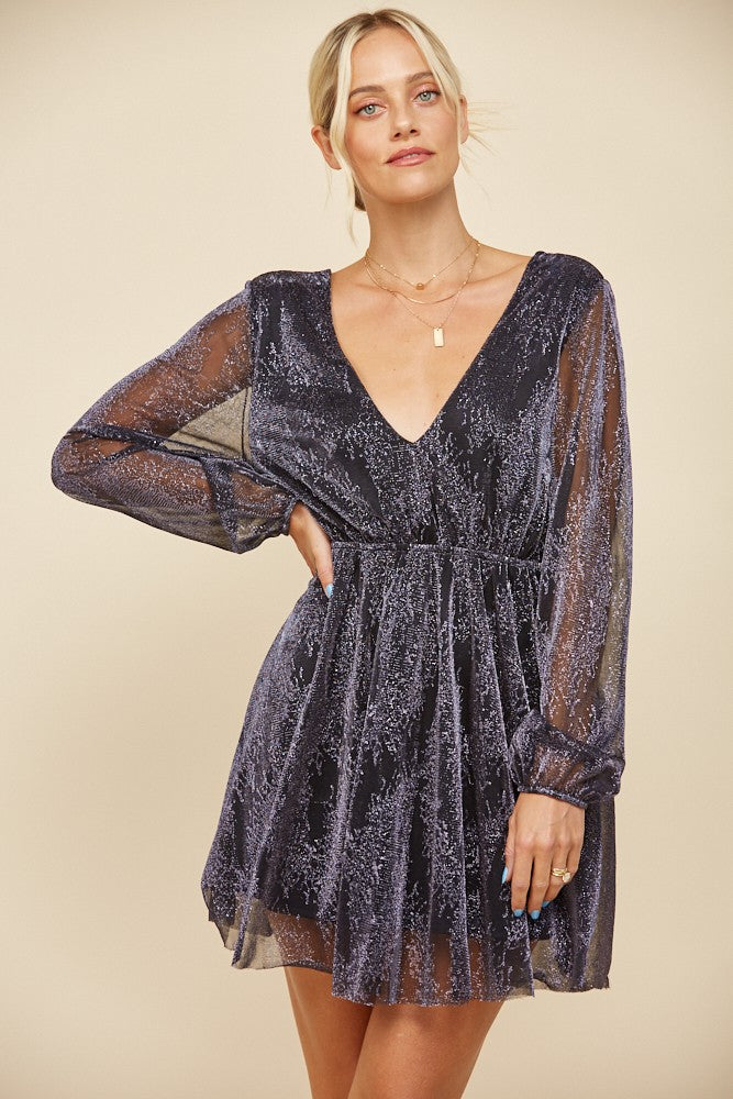 Indigo Metallic Sparkling Mesh Long Sleeve Cocktail Holiday Party Mini Dress